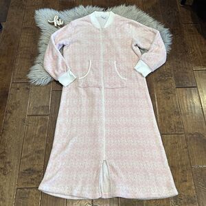 Miss Elaine Long Fleece Robe Breakaways Pink White Size Large Pockets